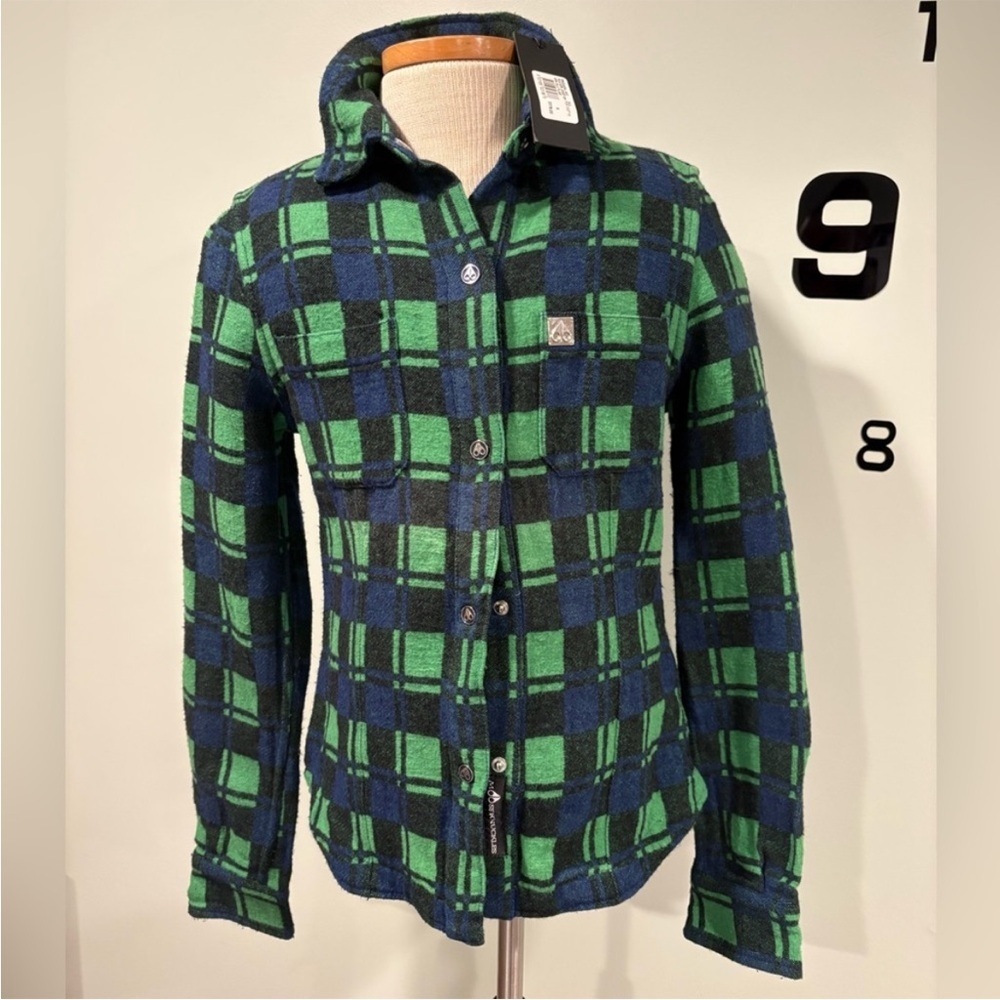 Moose Knuckles Green and Blue Plaid Women's Button Down Shirt